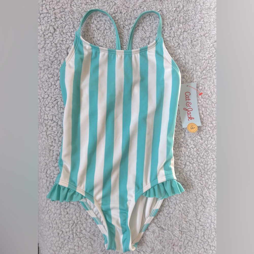 NWT Cat & Jack Girls Striped Ruffle Swimsuit XS/4-5